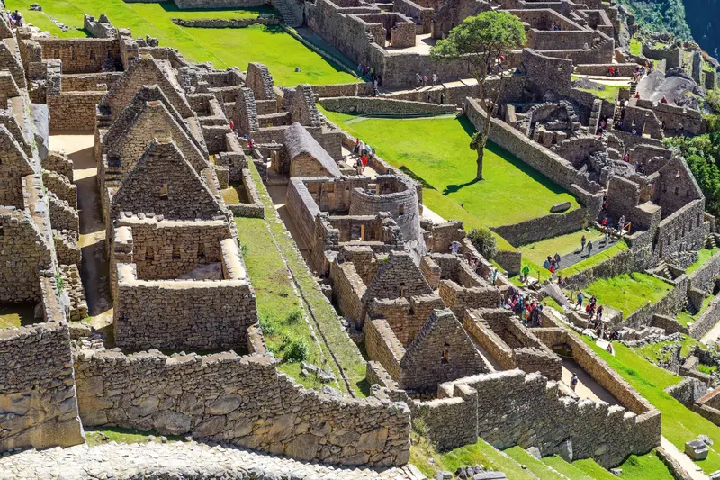 The terraces and stonework of Machu Picchu from above