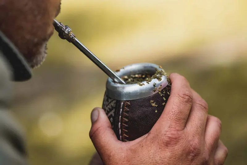 A hand holding a mate gourd with the bombilla in it