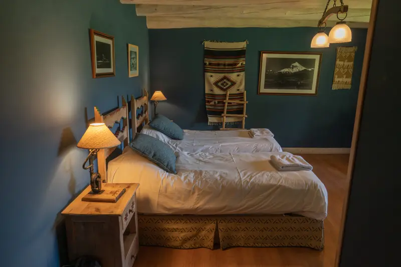 A bedroom with dark green walls and a bedside lamp