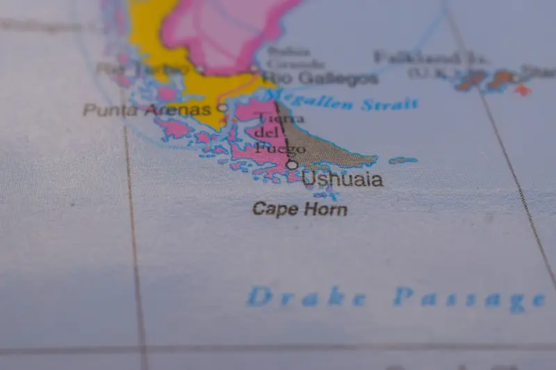 A map of the far south showing Ushuaia, Cape Horn and the Drake Passage