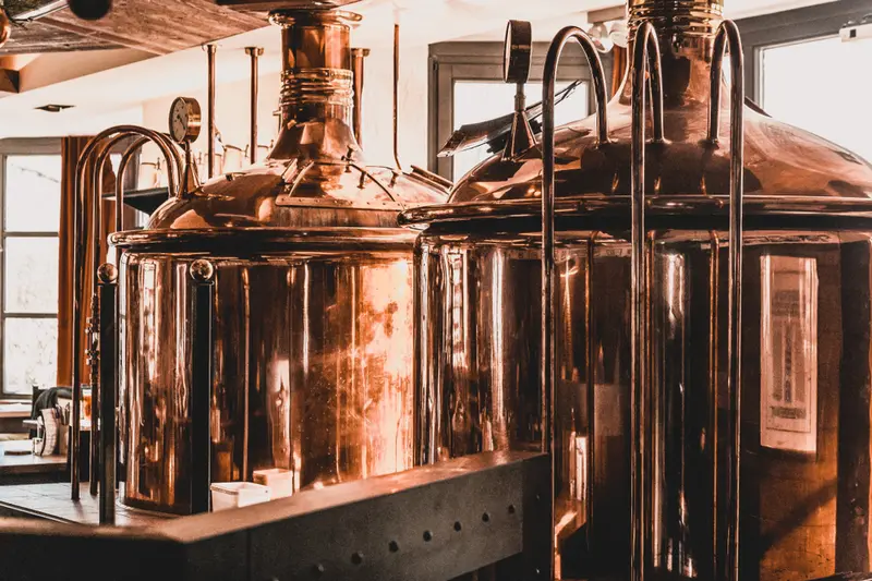 Copper brewing kettles in a brewery