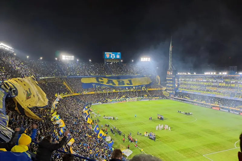 The pitch at night, seen from the stands