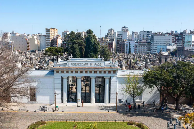 The entrance to the Recoleta Cemetery, with the city behind it