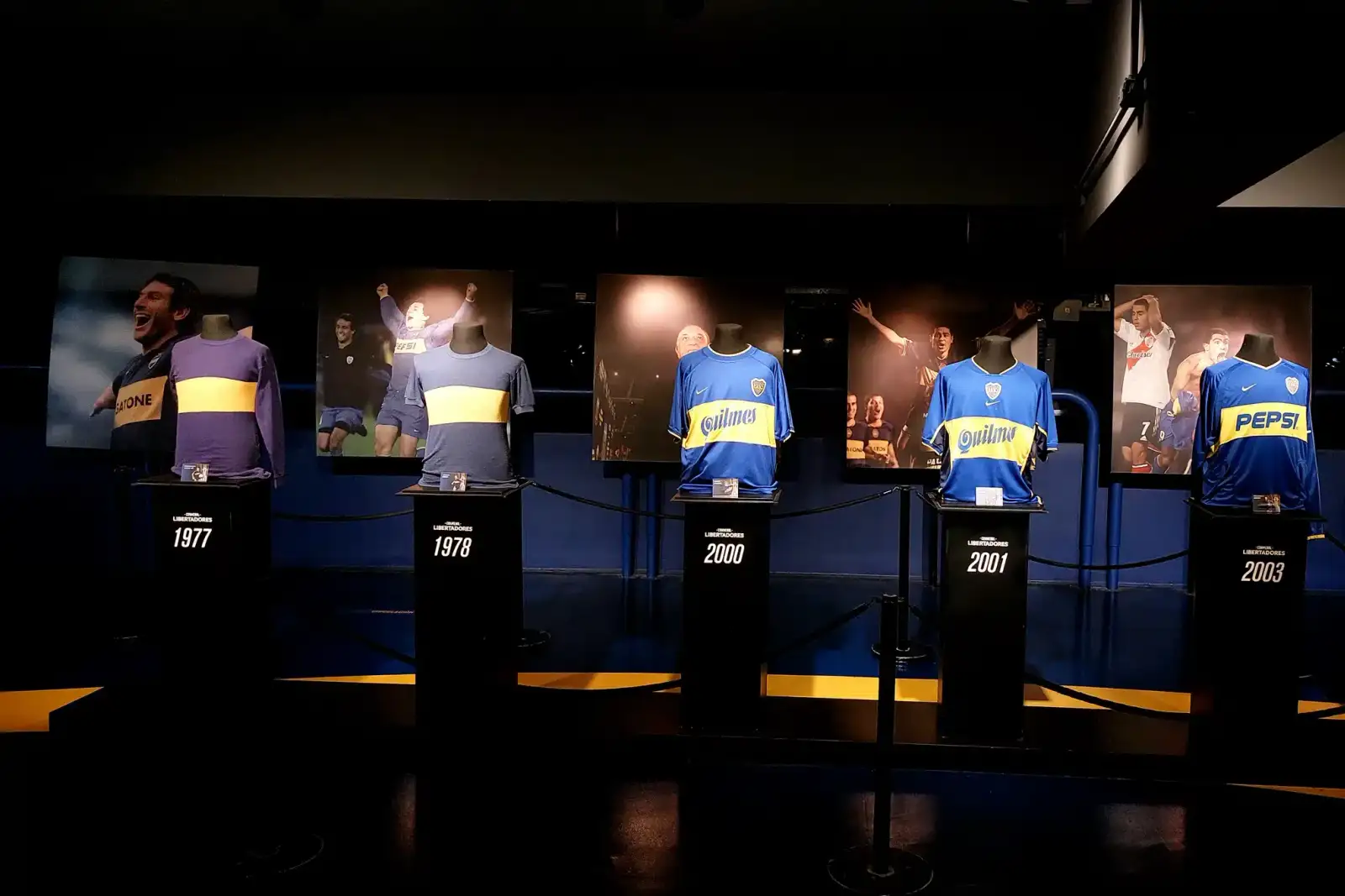 Club shirts on display in a football museum