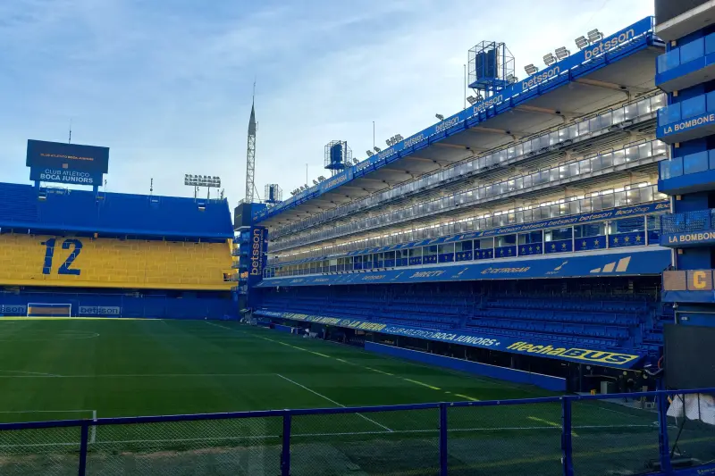 The empty stands and pitch at La Bombonera