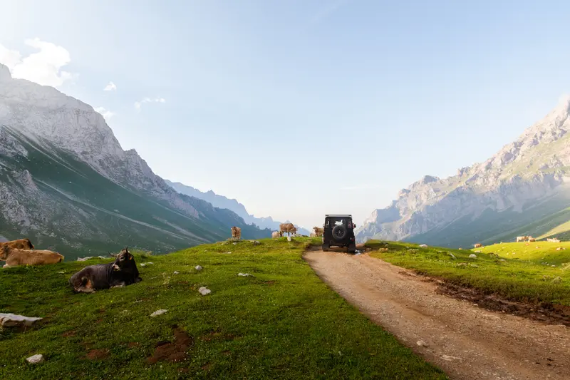 A 4x4 on a track through a green valley