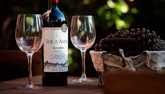 A bottle of Malbec between two empty glasses