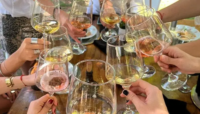 Hands touching glasses of white wine together
