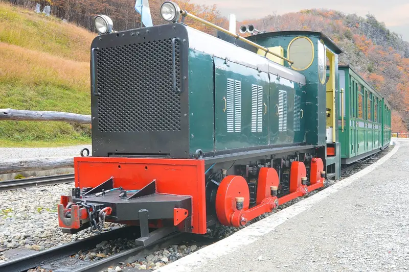 The green and red engine of the End of the World train