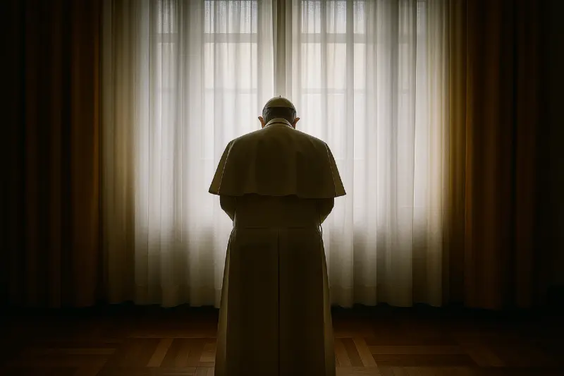 A figure in a cassock standing at a window, seen from behind