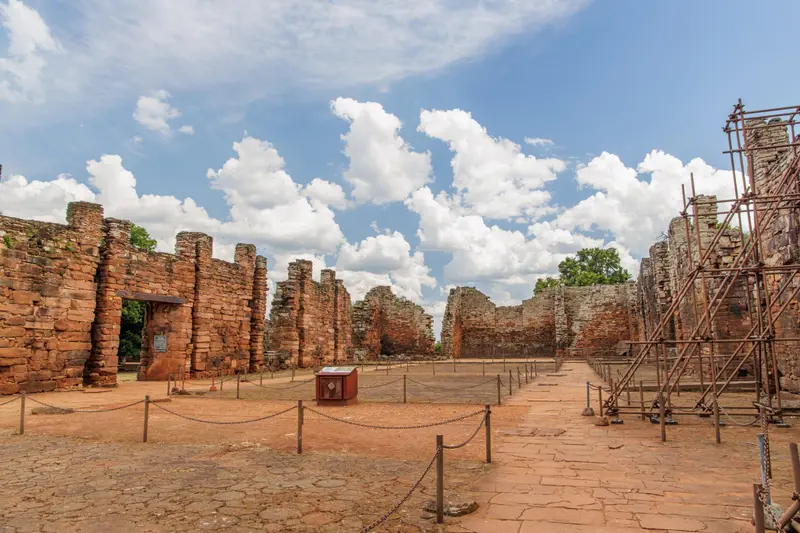 The red stone walls of the San Ignacio mission ruins