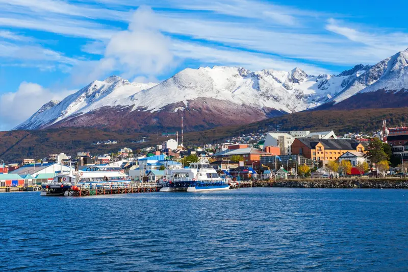 The Ushuaia waterfront, with the snow range behind the town
