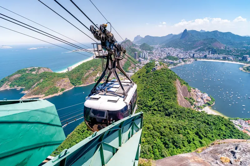 A cable car arriving at the top station, with Rio and the bay below