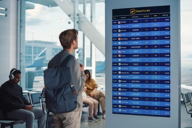 A traveller reading a departures board