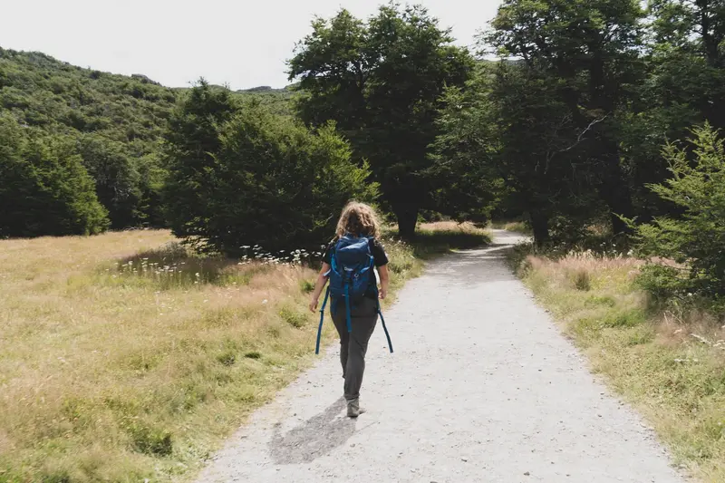 A walker with a backpack on a gravel trail through the woods