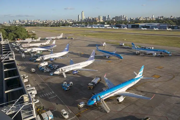 Aircraft on the apron at Aeroparque, with the city skyline behind