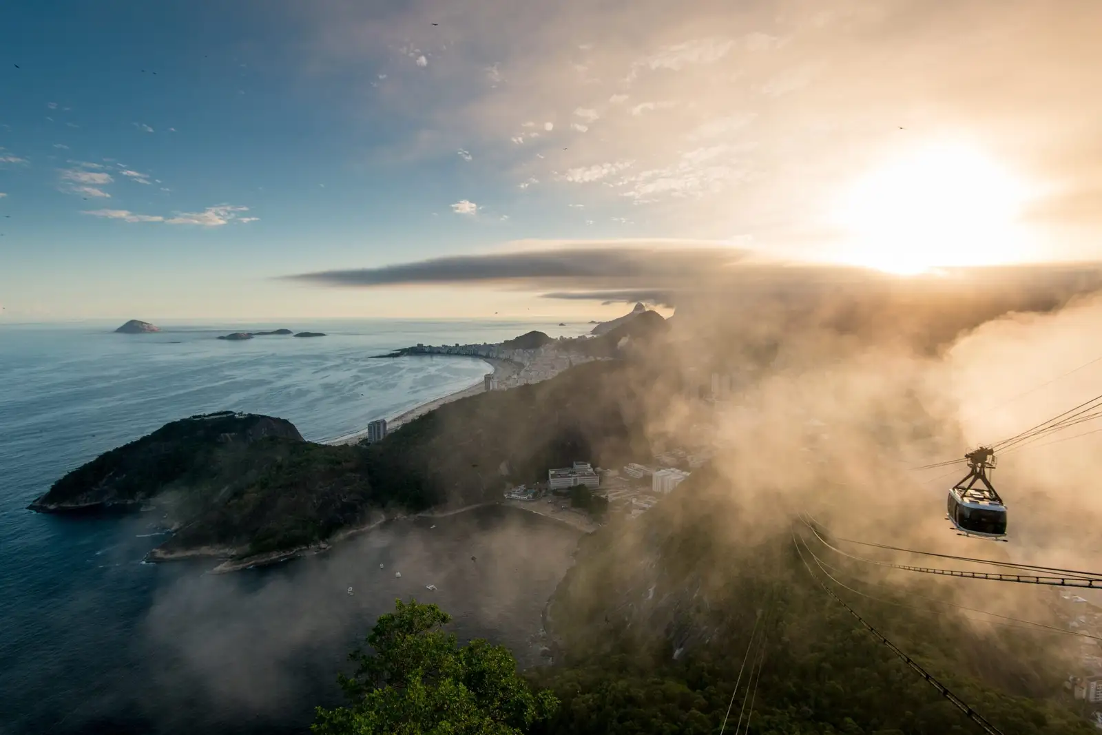 The cable car above Rio de Janeiro at sunset, with cloud below